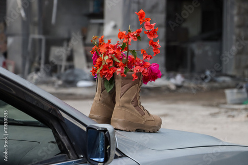 Beige military boots filled with red bougainvillea flowers on a car portraying peace, hope, resilience, martyrdom and the contrast between war and renewal through nature.