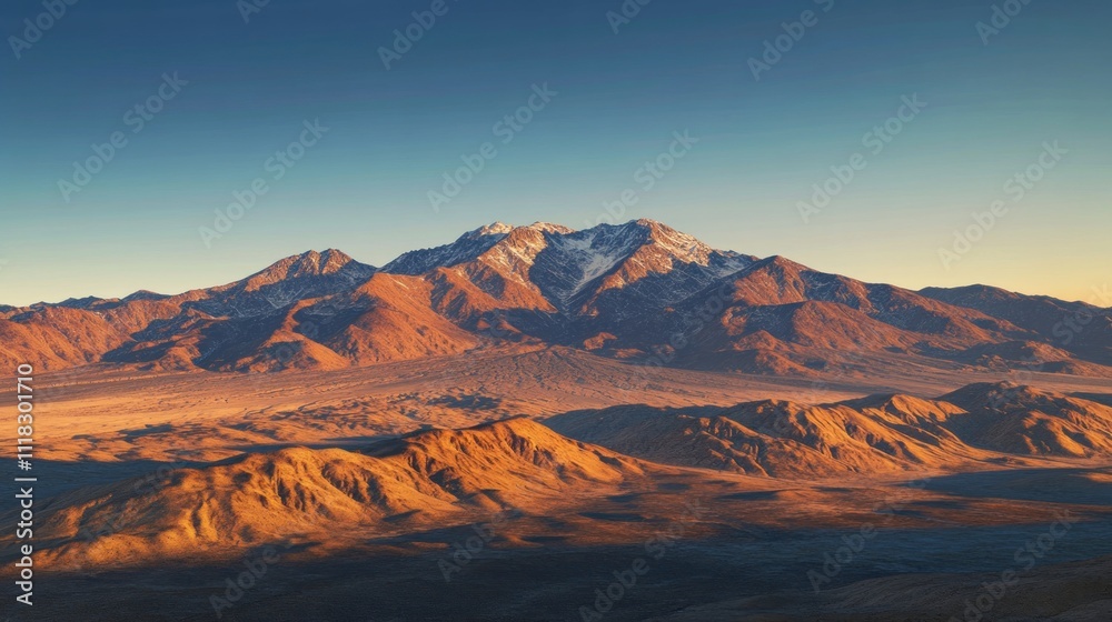 Naklejka premium Majestic snow-capped mountain range at sunset, vast desert landscape.