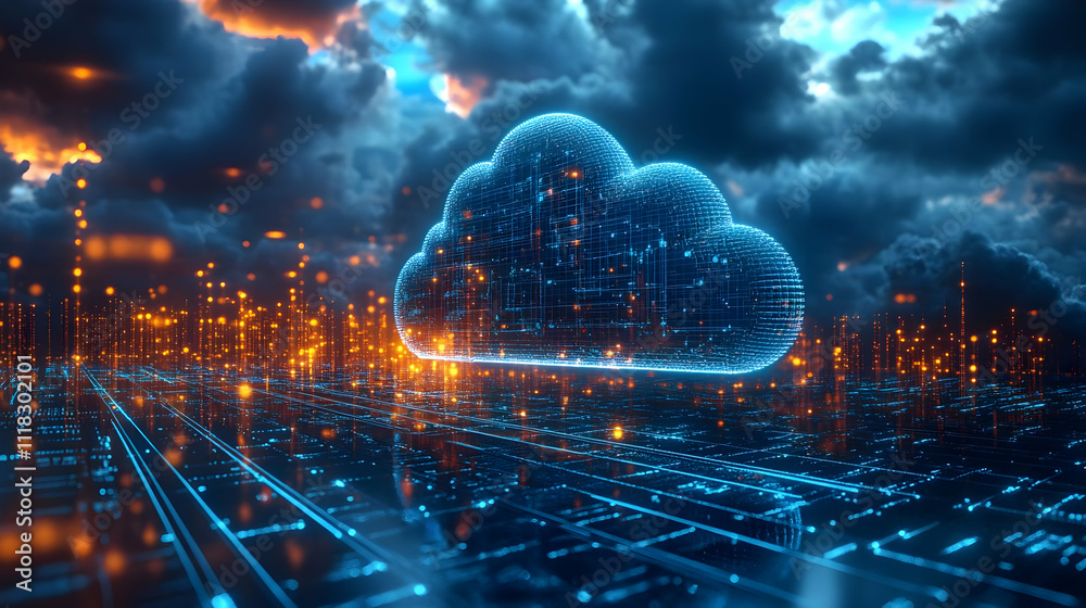 Digital Cloud Illustration with Cityscape Background
