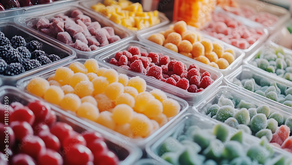 A close-up of frozen vegetables and herbs in plastic containers, arranged neatly on the counter at an organic grocery store. A close-up of frozen vegetables and herbs in plastic containers, arranged neatly on the counter at an organic grocery store.