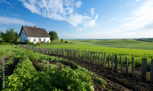 Idyllic thatched cottage on a sunny day, overlooking vast green fields and a vegetable garden. photo