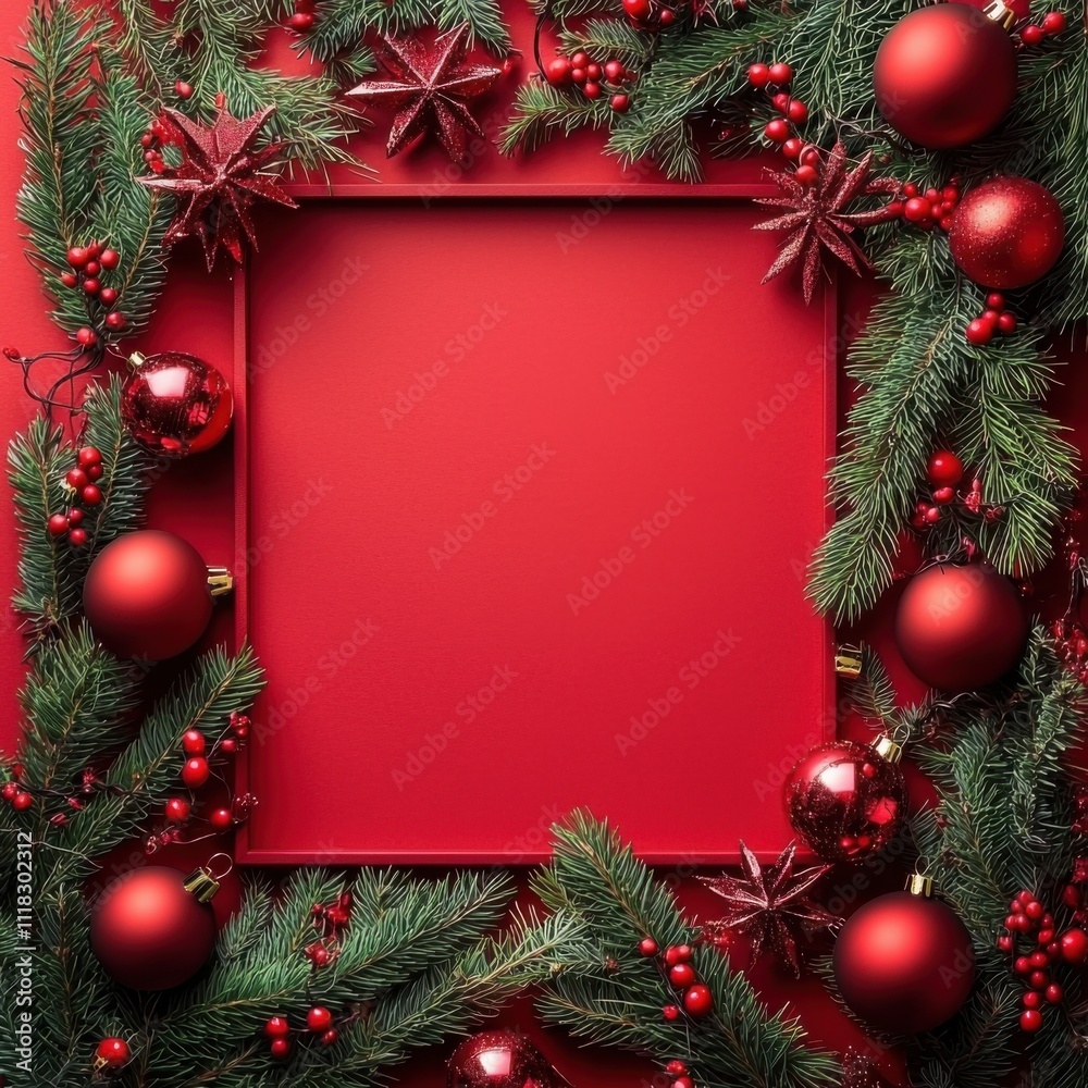 Red Christmas template for design with festive frame on red background. Flat lay, top view and copy space for text Red Christmas template for design with festive frame on red background. Flat lay, top view and copy space for text
