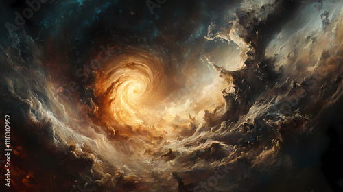 A cosmic wonder captured in an image of a black hole surrounded by swirling gas and dust, with intense gravitational forces warping the light, and the dark void of space beyond. Void. Illustration