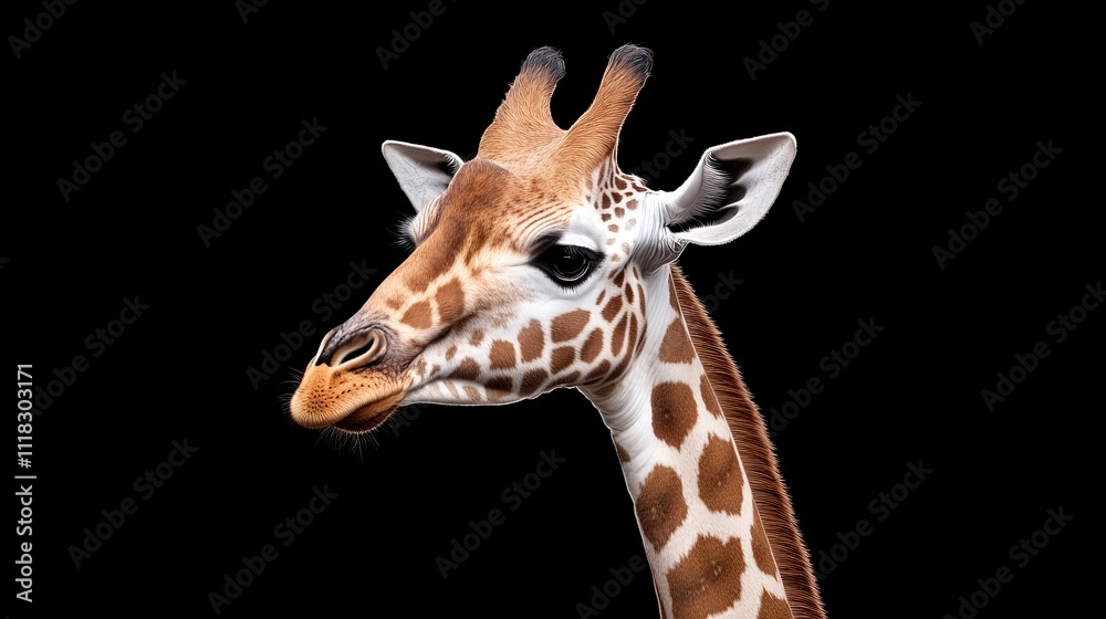 Giraffe Portrait: A majestic giraffe with its long neck and distinctive markings stares intently at the camera, its gentle eyes captivating the viewer. Giraffe Portrait: A majestic giraffe with its long neck and distinctive markings stares intently at the camera, its gentle eyes captivating the viewer.
