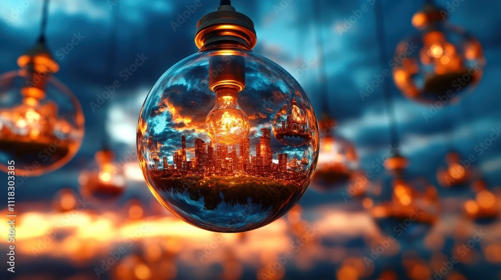 An artistic representation of a city skyline inside a glowing light bulb, showcasing the interplay between urban life and illumination in an imaginative, surreal format. An artistic representation of a city skyline inside a glowing light bulb, showcasing the interplay between urban life and illumination in an imaginative, surreal format.