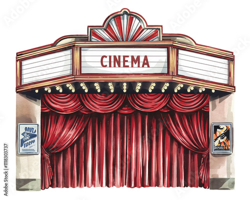Colorful watercolor illustration of a vintage cinema building with a marquee and bright red curtains at the entrance