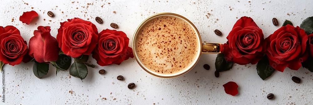Flat lay view of a cappuccino coffee in a golden cup on a white table with red roses, a close-up photo, an aesthetic background, a minimalistic style, natural lighting, professional photography, sharp Flat lay view of a cappuccino coffee in a golden cup on a white table with red roses, a close-up photo, an aesthetic background, a minimalistic style, natural lighting, professional photography, sharp