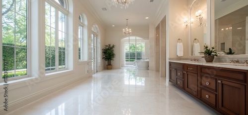 Luxurious master bathroom with marble floors, large windows, and double vanity.
