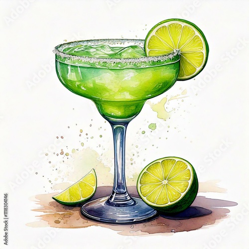 Watercolor illustration of hand painted green cocktail Margarita with slice of lime and salt in matrini glass. Alcohol beverage drink. Isolated on white  photo