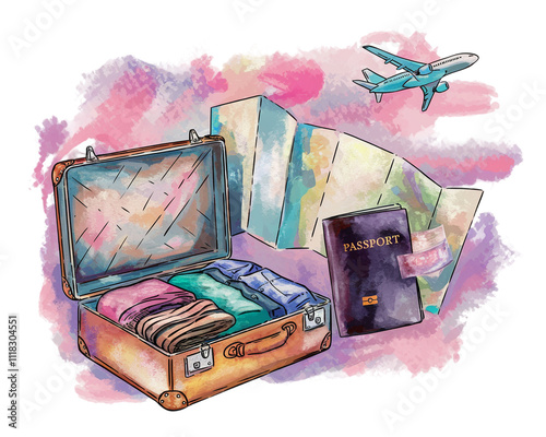 Explore new destinations with packed suitcase, passport, and travel map as airplane soars in the background