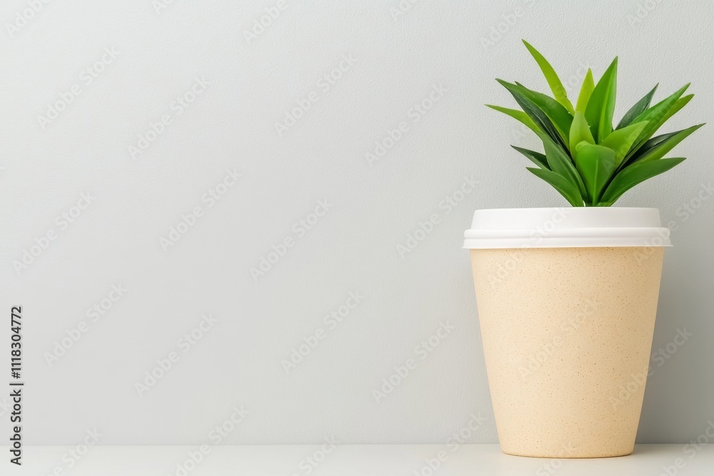 A close-up of a reusable coffee cup with eco-friendly branding, placed on a minimalist white table A close-up of a reusable coffee cup with eco-friendly branding, placed on a minimalist white table