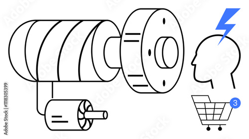 Electric motor components next to silhouette of human head with bolt and shopping cart with three items. Ideal for technology, engineering, electricity, shopping, ideas, innovation, marketing. Line