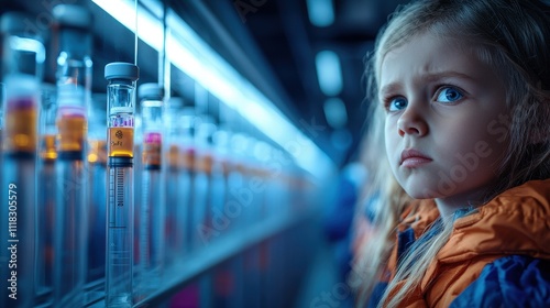 A young girl stands thoughtfully in a high-tech laboratory filled with colorful test tubes, symbolizing curiosity and hope in scientific exploration and discovery. photo