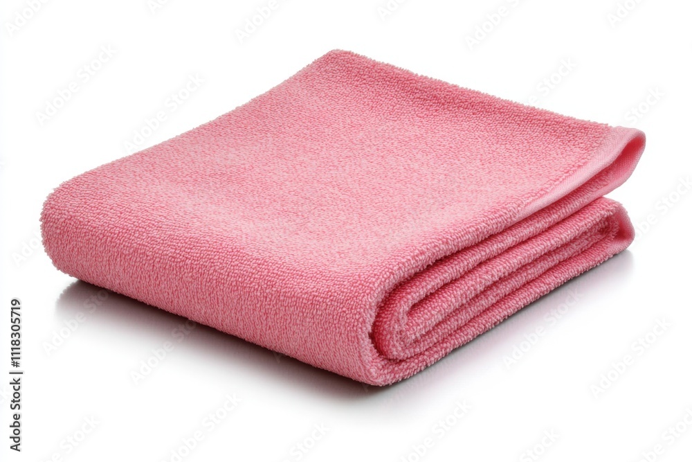A crisp and clean pink microfiber cleaning cloth, isolated on a bright white background, highlighting its lightweight and effective design A crisp and clean pink microfiber cleaning cloth, isolated on a bright white background, highlighting its lightweight and effective design
