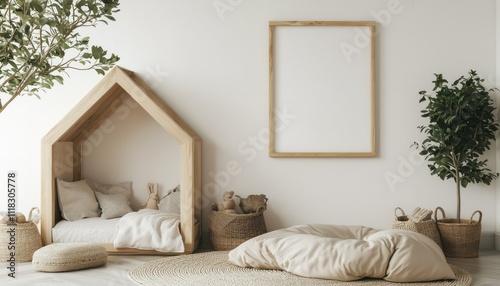 Kids',room,house-shaped,bed,poster,frame,leaning,white,wall.