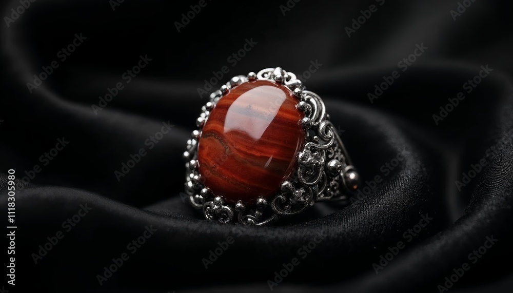Fototapeta premium A stunning red Sardonyx stone ring with intricate silver detailing resting atop elegant black fabric