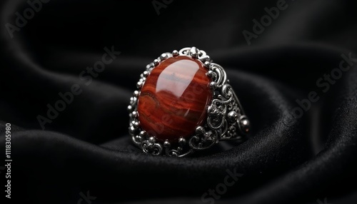 A stunning red Sardonyx stone ring with intricate silver detailing resting atop elegant black fabric