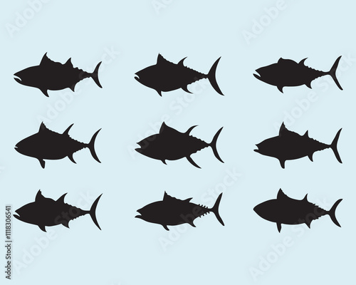 set of various type of tuna fish vector illustration silhouette islated on background