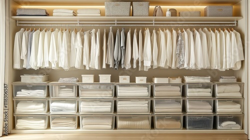 Organized minimalist closet showcasing a neutral palette with neatly arranged clothing and storage solutions for an aesthetic appeal