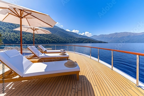 A detailed photo of a cruise ship deck with sun loungers, parasols, and an infinity pool overlooking the sea photo