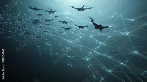 Swarm of drones flying in formation, connected by a network.
