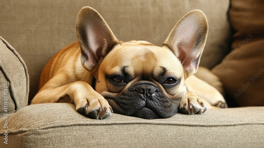 A French Bulldog resting on a couch, with a brief guide about its care and exercise needs presented visually. A French Bulldog resting on a couch, with a brief guide about its care and exercise needs presented visually.