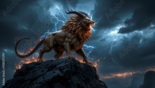 A fierce chimera with the head of a lion the body of a goat and the tail of a serpent