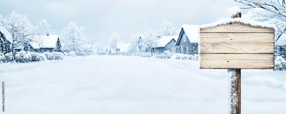 Naklejka premium Christmas sign mockup, A serene winter landscape featuring snow-covered ground and houses, with a blank signpost inviting messages or directions.