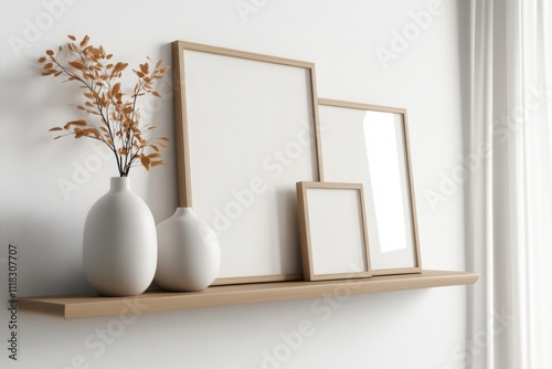 photo display layout, several frame mockups on a floating shelf in a calm nordic-style bedroom set-up