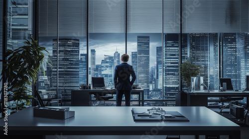 A businessman in a suit standing at a desk and looking through a window with skyscrapers outside, a stock photography image, high resolution, and super realistic.