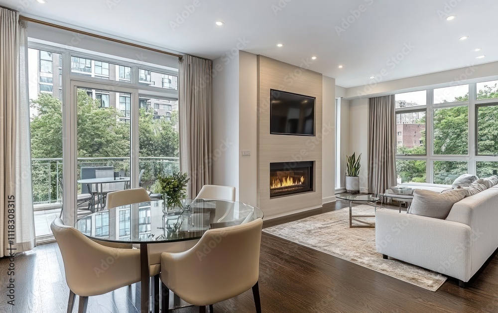 Modern living room with fireplace, dining area, and balcony access. Modern living room with fireplace, dining area, and balcony access.