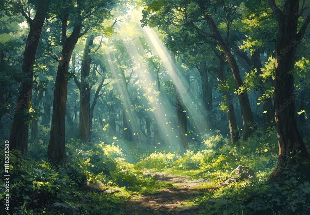 Serene Sunlit Forest Scene with Lush Greenery and Rays of Light Filtering Through Tree Canopy in Tranquil Wilderness Setting Serene Sunlit Forest Scene with Lush Greenery and Rays of Light Filtering Through Tree Canopy in Tranquil Wilderness Setting