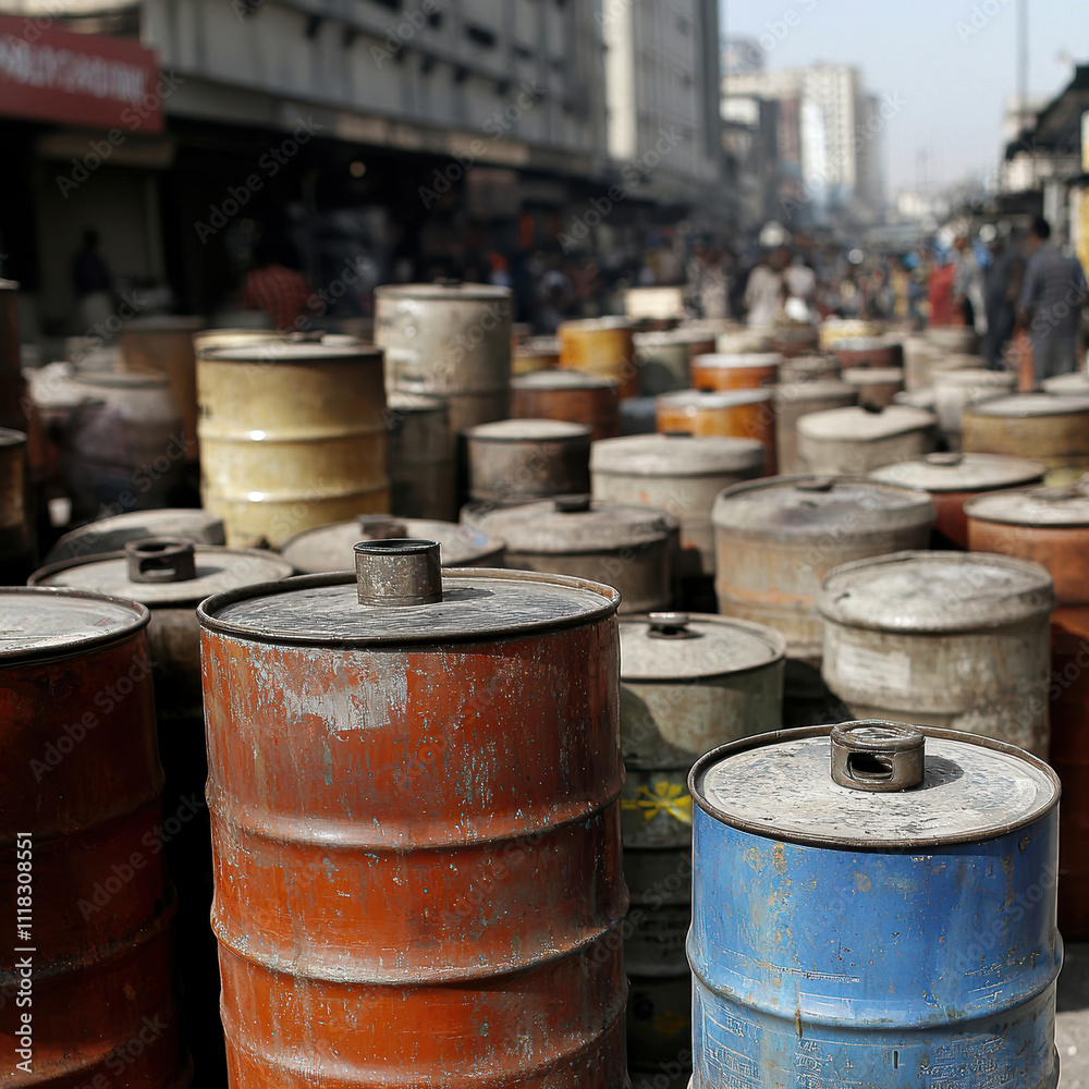 Crowded marketplace with oil drums and gas canisters, bustling atmosphere Crowded marketplace with oil drums and gas canisters, bustling atmosphere