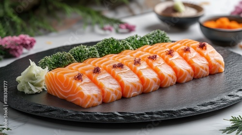 Fresh salmon sashimi on black slate plate.