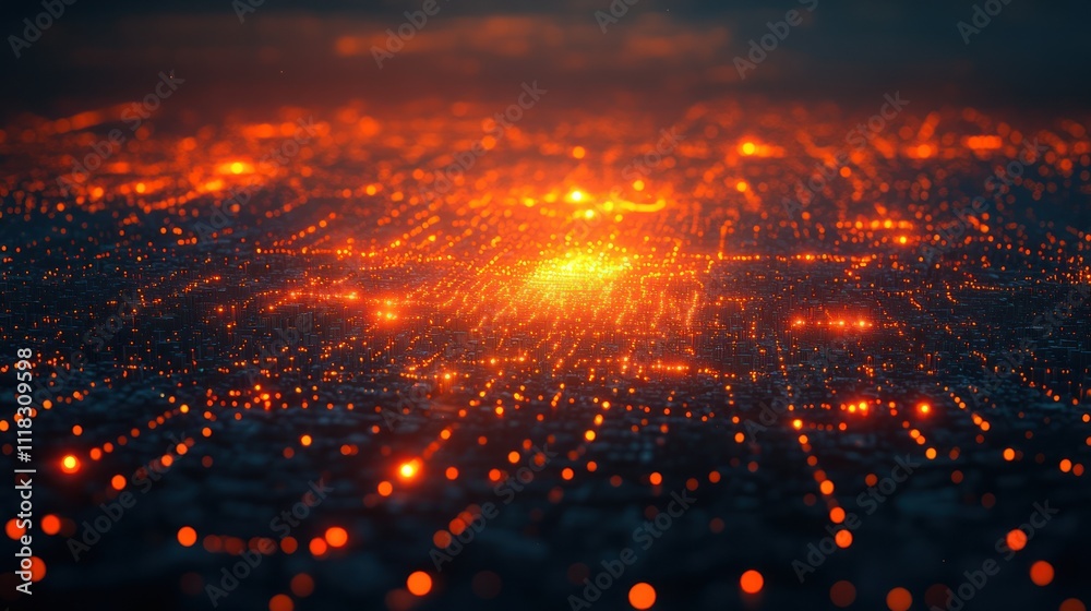 Glowing network, abstract city lights at night. Glowing network, abstract city lights at night.