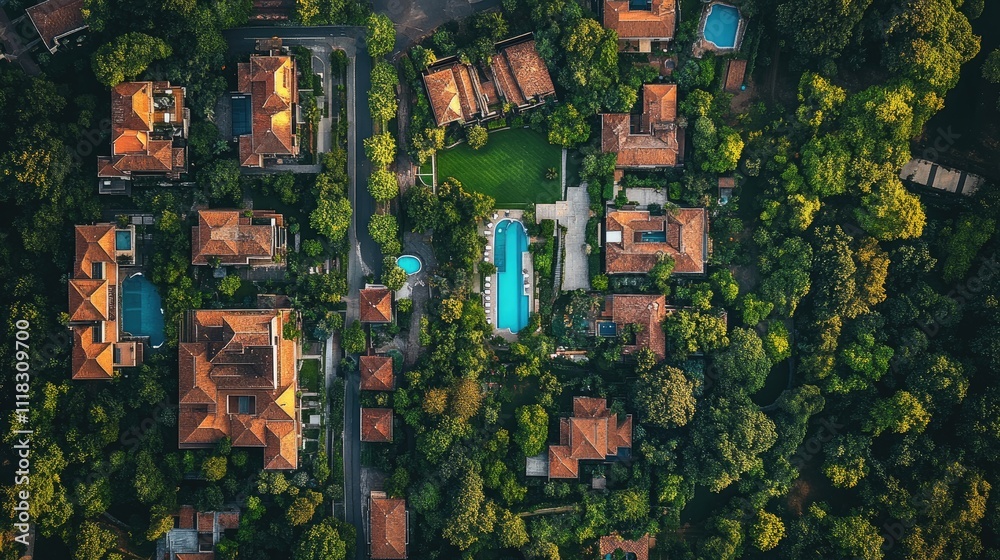 Aerial view of luxury homes nestled in lush greenery, featuring private pools and winding roads. Aerial view of luxury homes nestled in lush greenery, featuring private pools and winding roads.