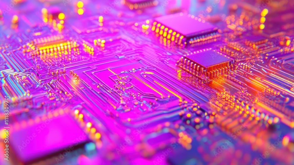 Obraz premium Close-up of vibrant, colorful circuit board with microchips and pathways.