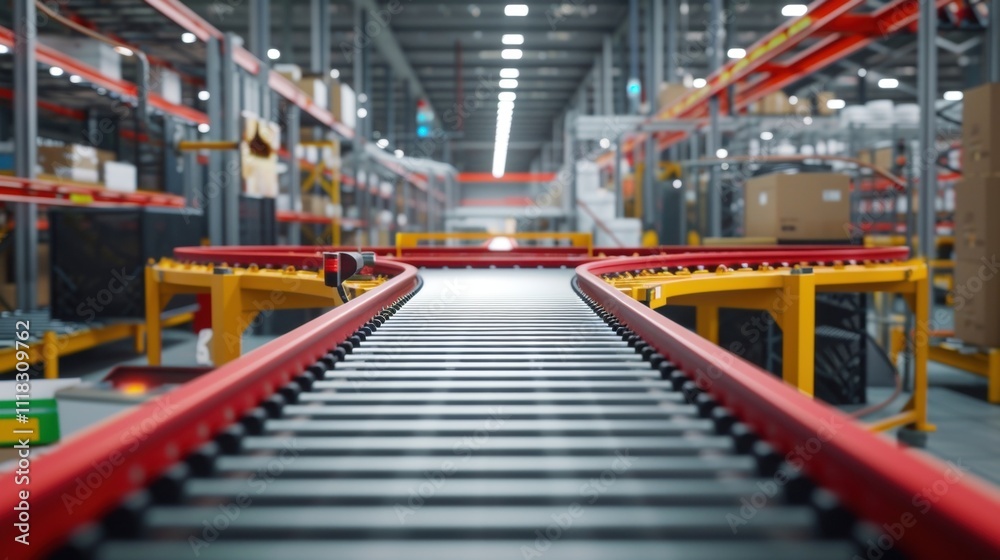 Empty conveyor belt system winding through large distribution warehouse, showcasing innovative automation technology for efficient logistics and product sorting Empty conveyor belt system winding through large distribution warehouse, showcasing innovative automation technology for efficient logistics and product sorting