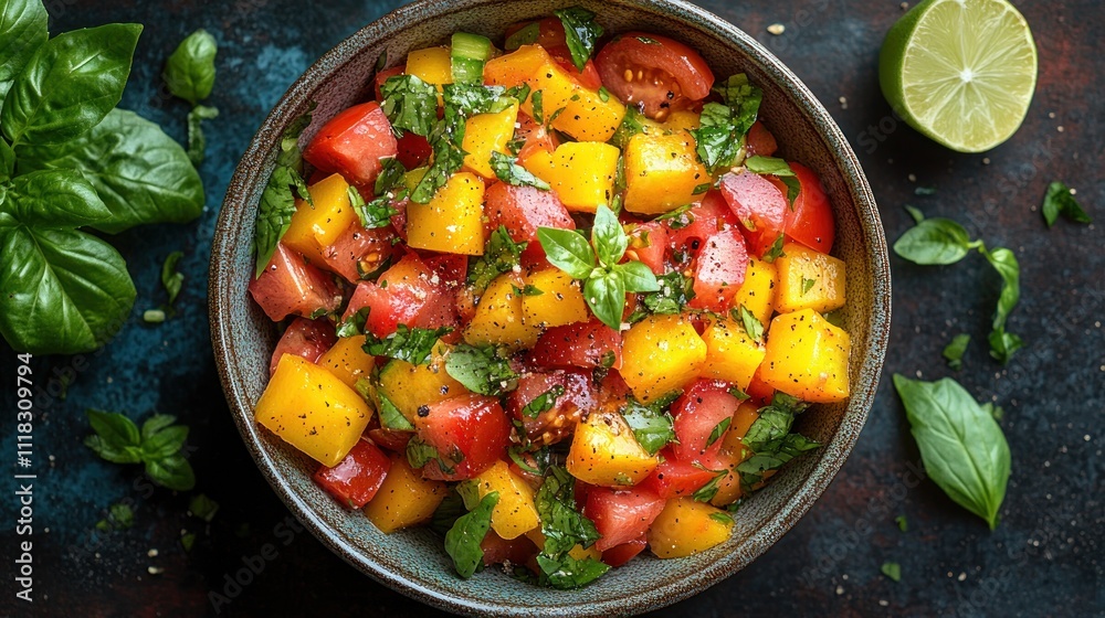 Fresh tomato and mango salad in bowl. Fresh tomato and mango salad in bowl.