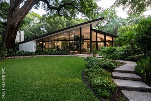 Modern house surrounded by lush greenery and a winding pathway.