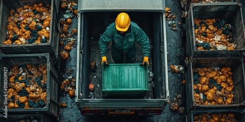Waste Management Worker Lifting a Green Bin