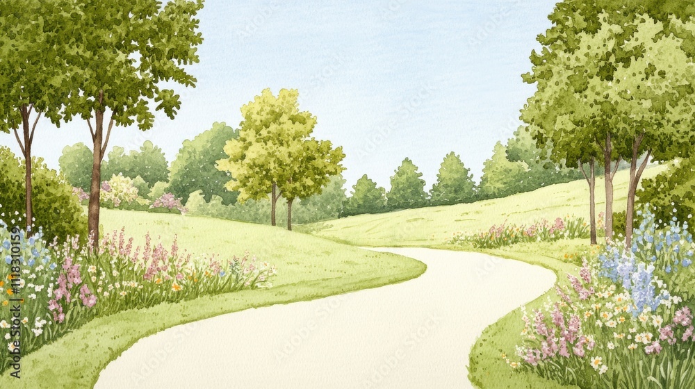 Obraz premium Serene nature walk along flower-lined pathway in lush green landscape tranquil environment