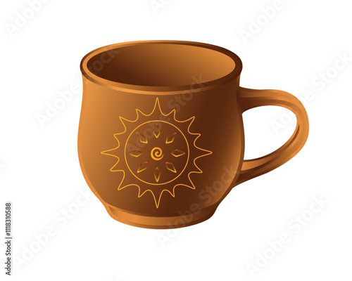 A cup is a pottery folk product. A small ceramic cup with a sun pattern - vector full color picture. Traditional eco-friendly earthenware - coffee cup.	