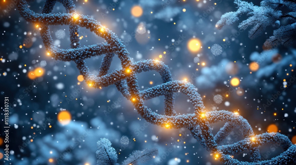 Frozen DNA strand glowing with Christmas lights in a winter forest. Frozen DNA strand glowing with Christmas lights in a winter forest.