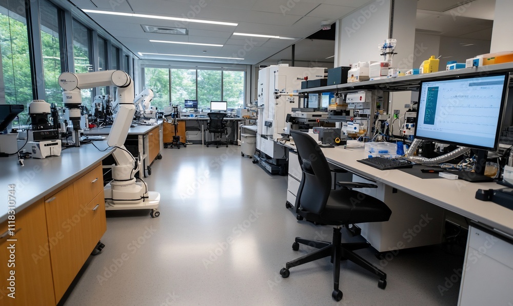 Modern laboratory with robotic equipment and workstations. Modern laboratory with robotic equipment and workstations.