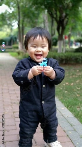 An adorable Asian child with chubby cheeks giggling uncontrollably while playing with bubbles in a sunny park