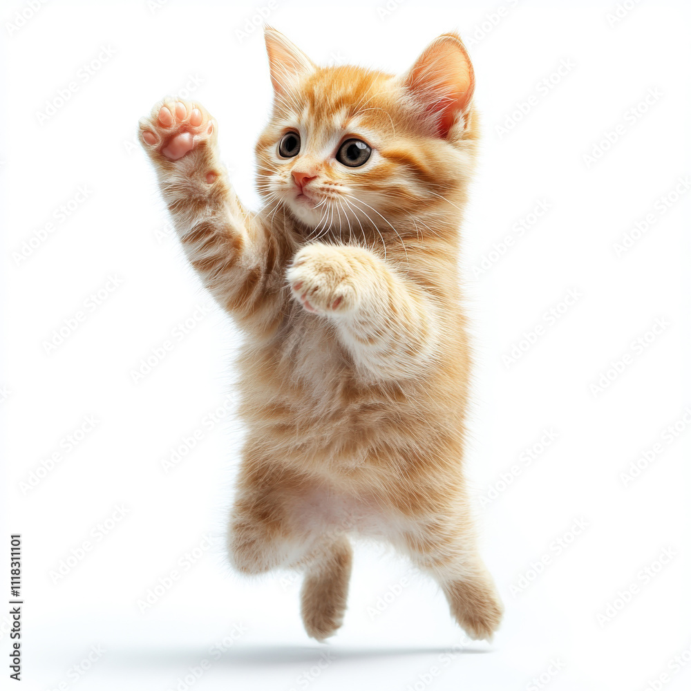 Cute orange tabby kitten playfully jumping in the air on a white background, showcasing its energetic and playful nature in a lively pose Cute orange tabby kitten playfully jumping in the air on a white background, showcasing its energetic and playful nature in a lively pose