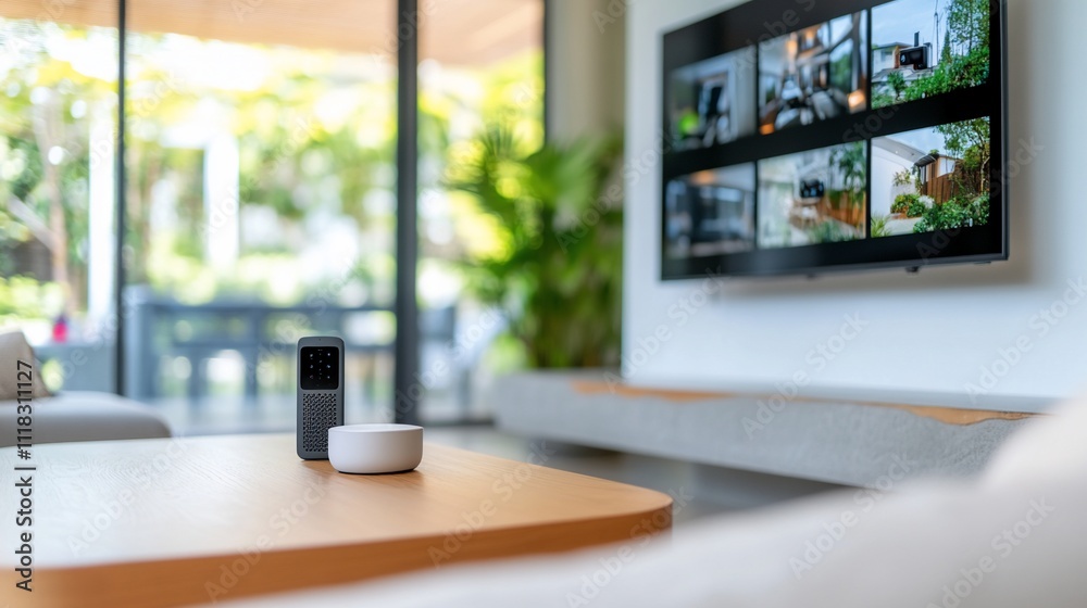 Modern living room with smart devices and a TV display. Modern living room with smart devices and a TV display.