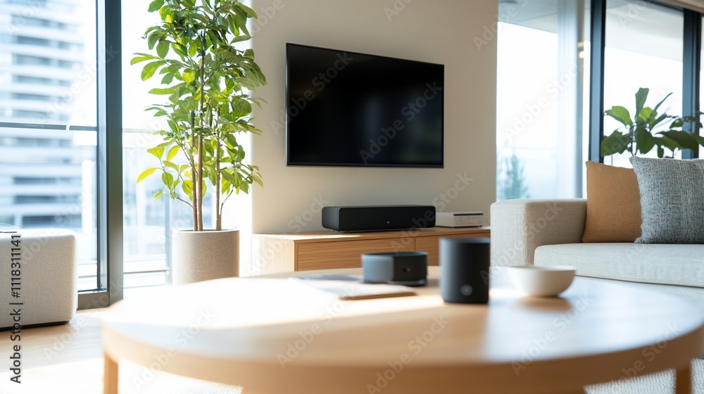 Modern living room with TV, plants, and minimalist decor. Modern living room with TV, plants, and minimalist decor.