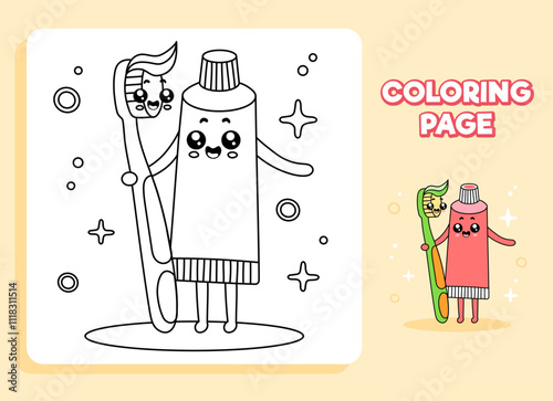 Children's coloring page on the topic of hygiene. Drawing of a toothbrush with toothpaste standing in an embrace. Cute illustration in cartoon style.
